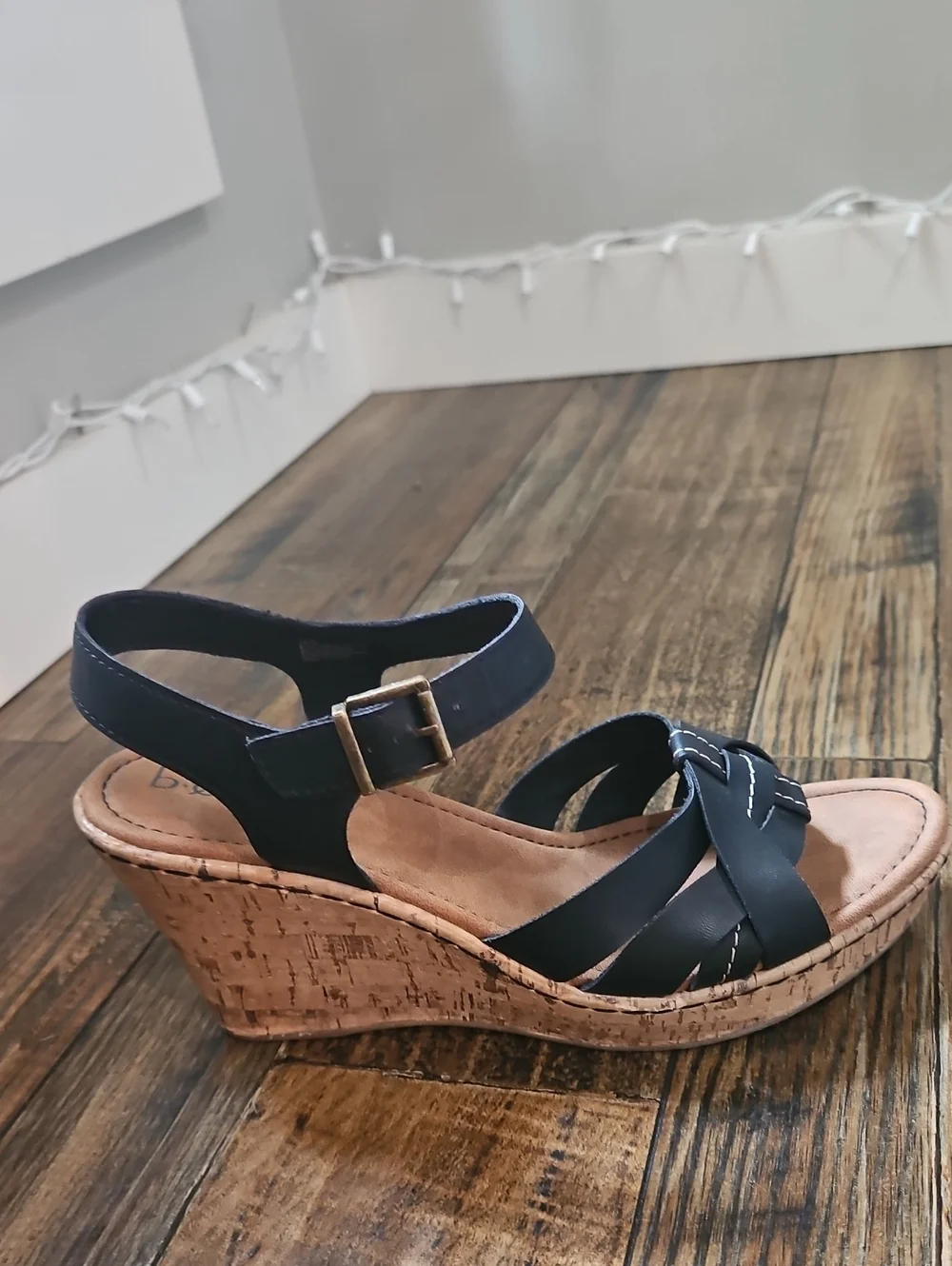 b.o.c Black‎ Leather Women's Cork Wedge Sandals - Ankle Strap Slingback